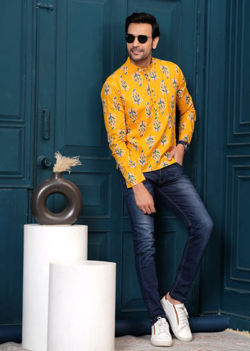 Cotton Yellow Printed Kurta